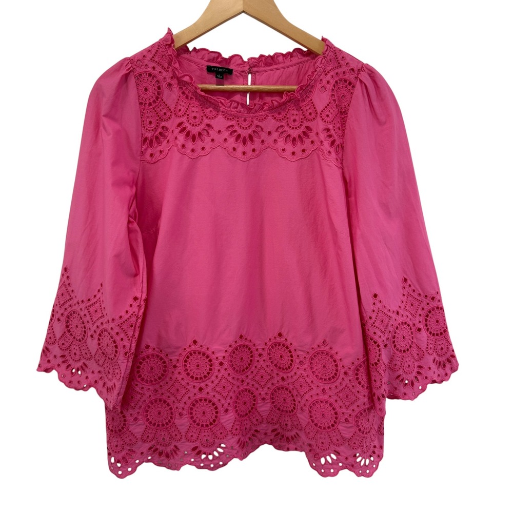 Talbots Eyelet Scalloped Hem Top L Pink 3/4 Sleeve High Ruffle Neck Lined Cotton